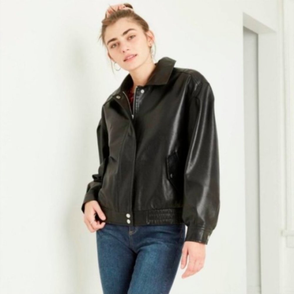 Wild Fable Women's Black Faux Leather Bomber Jacket